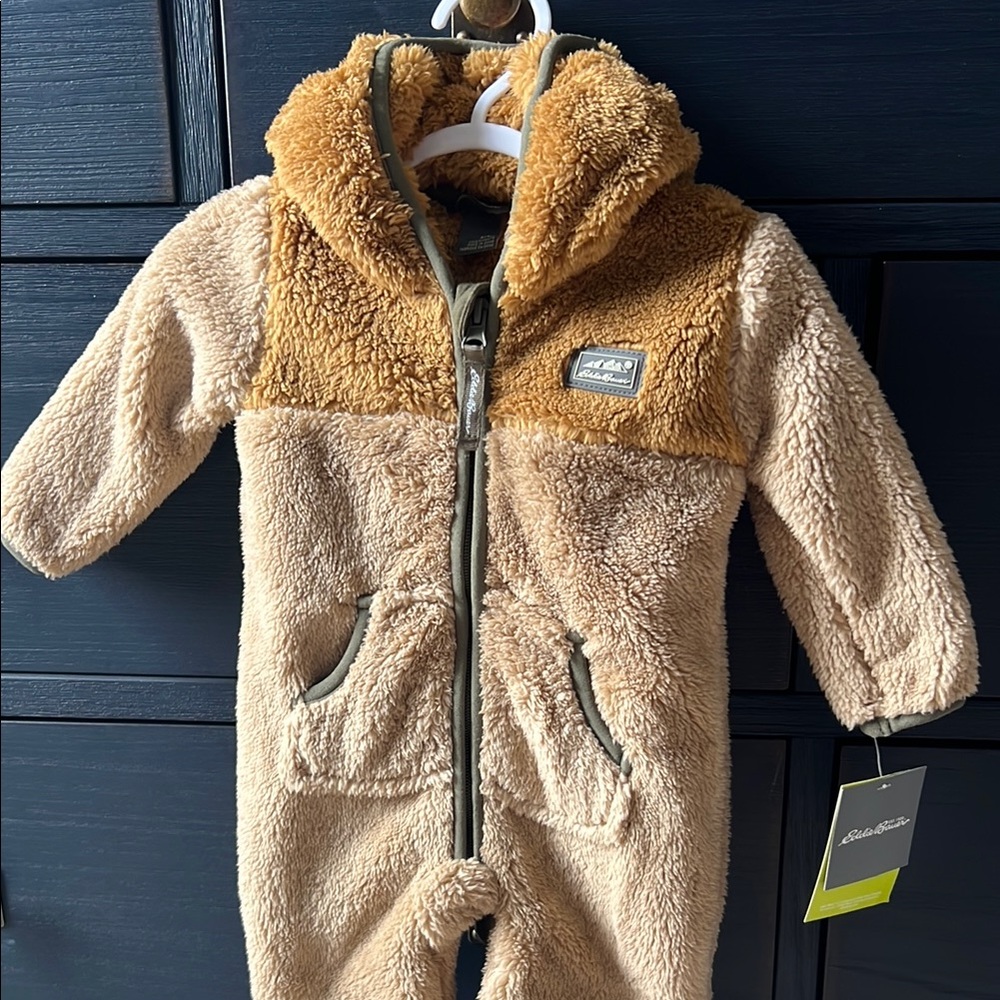 Eddie Bauer Tan and Brown Sherpa Footies with Hood